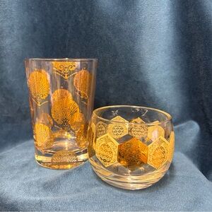Vintage Gold Patterned Roly Poly & Culver Seascape Glassware Set of 2